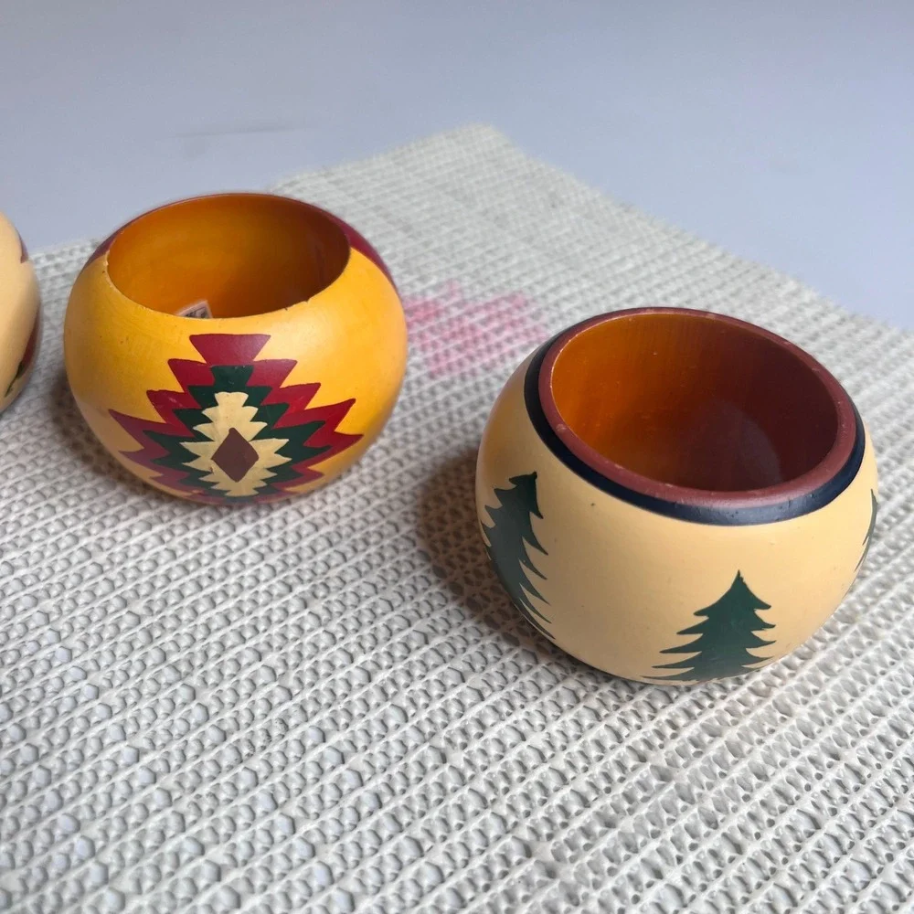 Vintage Hand Painted Wood Napkin Rings Set 3 Southwest Moose Chili Pepper India‎